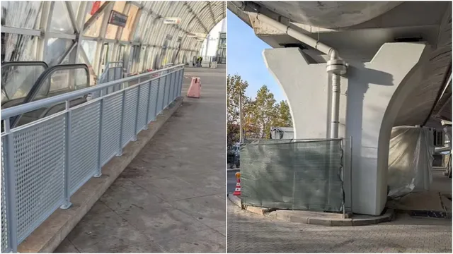 Două fotografii prezintă o rampă cu balustradă metalică gri și un stâlp de beton masiv sub o structură de suprafață.