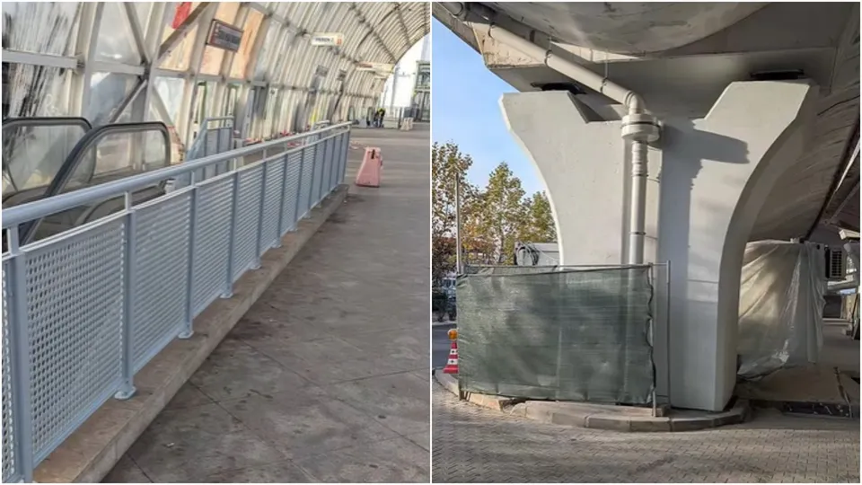 Două fotografii prezintă o rampă cu balustradă metalică gri și un stâlp de beton masiv sub o structură de suprafață.