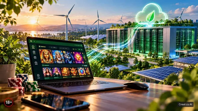 Un laptop afișează jocuri pe un birou lângă un mouse, cu o clădire modernă, turbine eoliene și panouri solare în fundal.