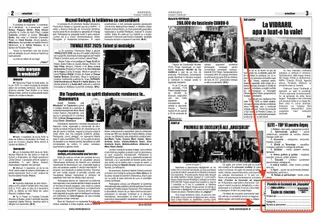 Pagina unui ziar cu mai multe articole text, fotografii cu grupuri de oameni și o imagine cu un instrument muzical.
