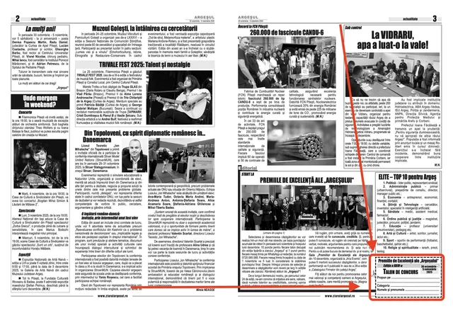 Pagina unui ziar cu mai multe articole text, fotografii cu grupuri de oameni și o imagine cu un instrument muzical.