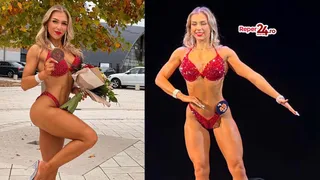 O femeie într-un costum de fitness roșu cu sclipici ține o medalie și un buchet de flori, iar în a doua imagine posedă pe un fundal negru.