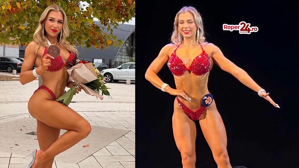 O femeie într-un costum de fitness roșu cu sclipici ține o medalie și un buchet de flori, iar în a doua imagine posedă pe un fundal negru.