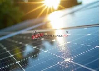 Panouri solare de culoare albastră reflectă lumina soarelui într-o scenă cu un efect de strălucire intensă.