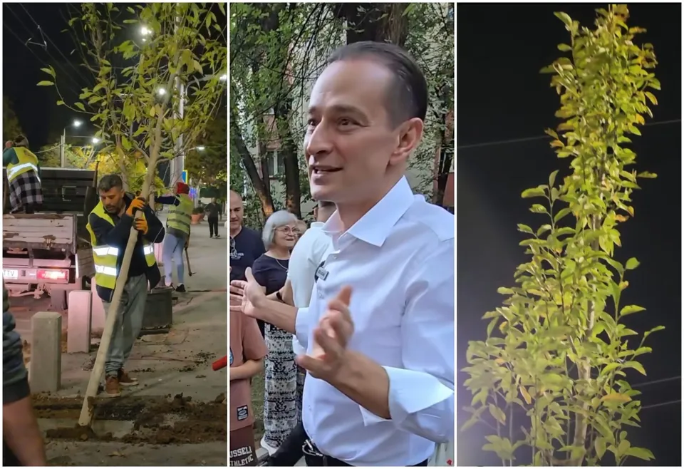 Un bărbat într-o cămașă albă aplaudă, în timp ce în fundal un lucrător plantează un copac pe un trotuar noaptea.