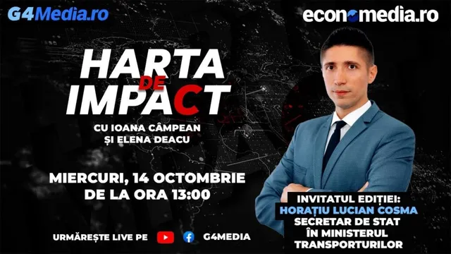 Un bărbat cu sacou albastru și cravată stă cu brațele încrucișate în fața unui fundal negru cu text și o hartă luminoasă.