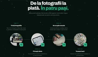 Un infografic pe fundal negru prezintă patru pași numerotați, fiecare încadrat într-un cerc cu imagini ilustrative și text explicativ în limba română.