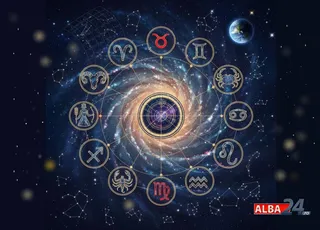 Simbolurile zodiacului sunt dispuse într-un cerc peste o imagine a unei galaxii spirale pe un fundal negru cu stele.