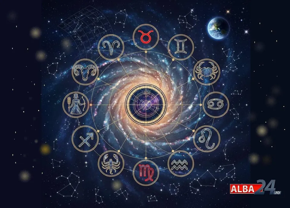 Simbolurile zodiacului sunt dispuse într-un cerc peste o reprezentare a unei galaxii spirale pe un fundal negru cu constelații.