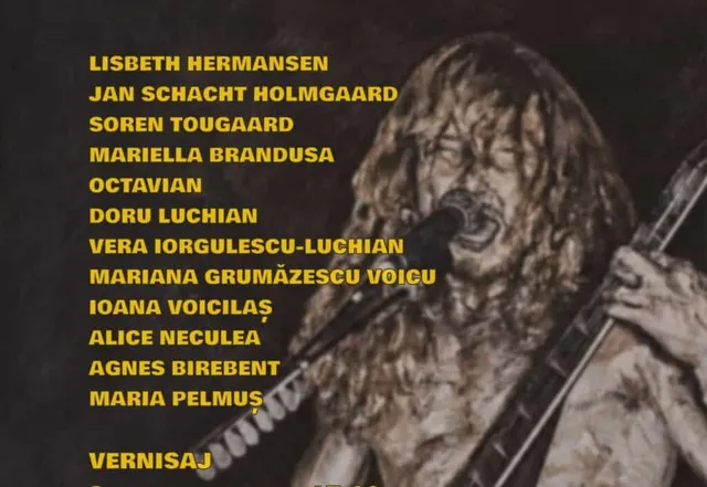 O listă de nume este suprapusă peste imaginea sepia a unui bărbat cu părul lung care cântă la un instrument muzical.