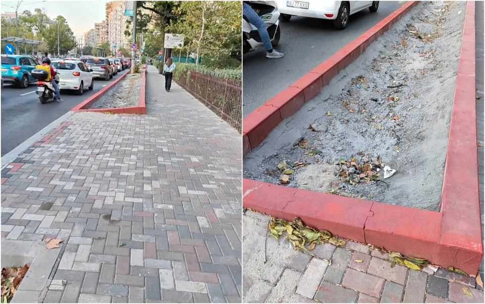 Două fotografii prezintă un trotuar pavat cu pietre colorate și un gard metalic, alături de o zonă de plantare delimitată de borduri roșii.