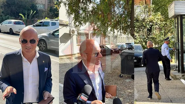 Un bărbat cu ochelari de soare și sacou închis este prezentat în trei cadre diferite, inclusiv unul lângă un polițist și un container de gunoi.