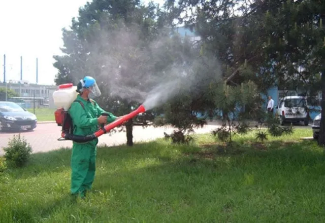 O persoană îmbrăcată în costum verde de protecție pulverizează un jet de substanță dintr-un aparat purtat pe spate într-o zonă cu iarbă și copaci.