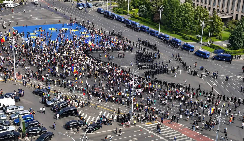O mulțime de oameni protestează într-o piață, cu un steag mare al Uniunii Europene pe jos, înconjurați de forțe de ordine și vehicule de poliție. 