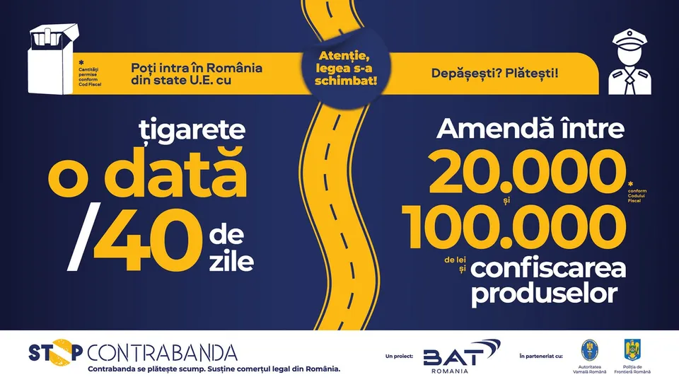 Un afiș pe fundal albastru prezintă o cale îngustă galbenă, text informativ despre amenzile pentru țigări și simboluri ale unui pachet și ale unui polițist.