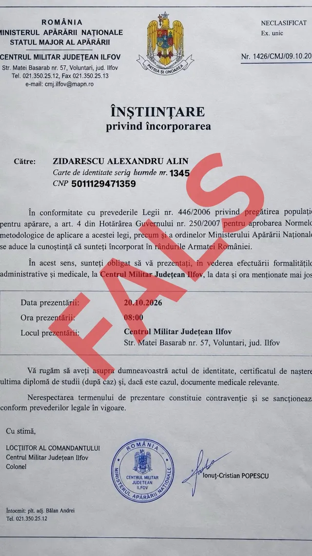 Un document oficial cu text în limba română, un sigiliu circular albastru și un semn de apă roșu mare cu textul FALS suprapus.