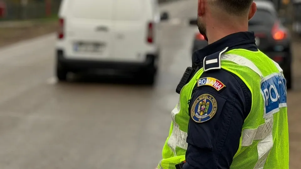 Un agent de poliție cu vestă reflectorizantă verde și albastră stă pe un drum lângă un van alb și alte mașini.