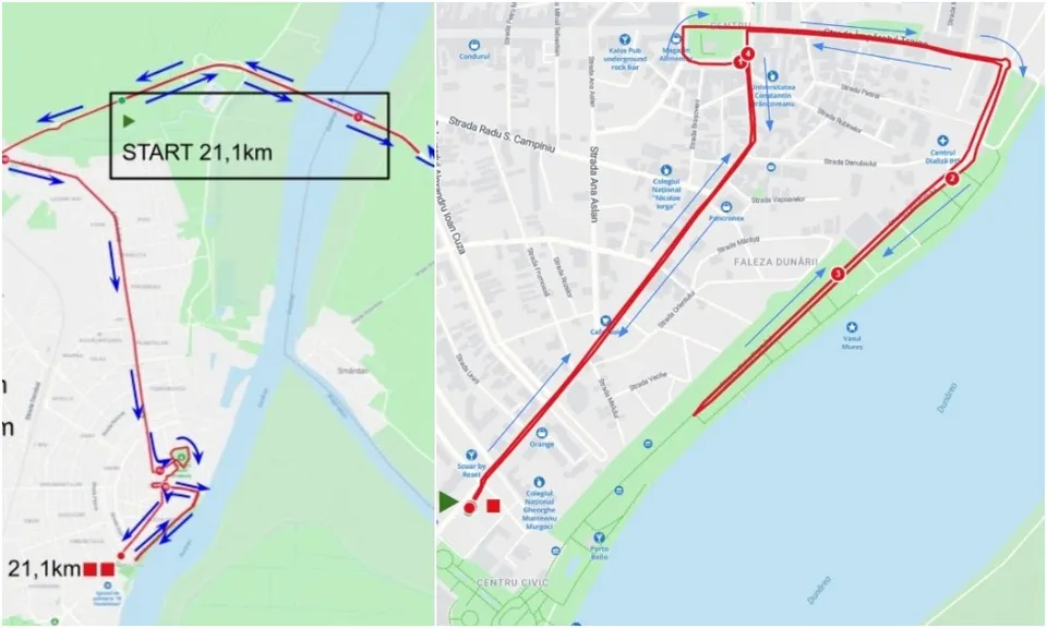 Două hărți cu trasee marcate prin linii roșii și săgeți albastre pe fundal de hartă stradală și de râu.