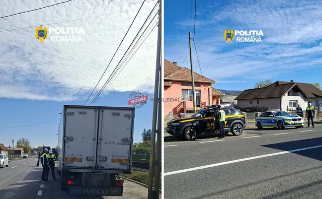 Un camion alb este oprit pe un drum lângă doi polițiști, în timp ce alte două mașini de poliție sunt parcate pe carosabil.