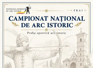 Un poster conține textul despre un campionat de arc istoric, o ilustrație cu un bărbat care folosește un arc și o clădire cu un turn.
