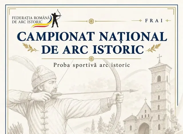 Un poster conține textul despre un campionat de arc istoric, o ilustrație cu un bărbat care folosește un arc și o clădire cu un turn.