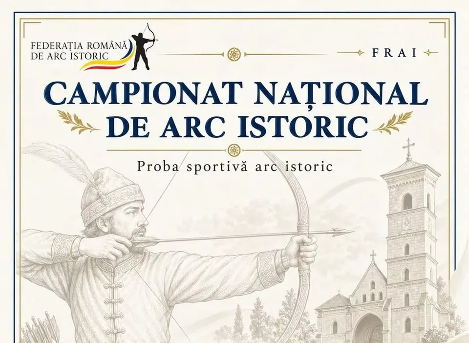 Un poster conține textul despre un campionat de arc istoric, o ilustrație cu un bărbat care folosește un arc și o clădire cu un turn.