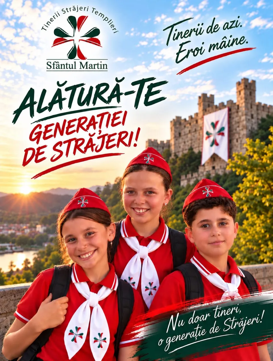 Trei copii poartă cămăși roșii, eșarfe albe și căciuli roșii cu embleme, stând în fața unui castel și a unui peisaj cu apă la apus.