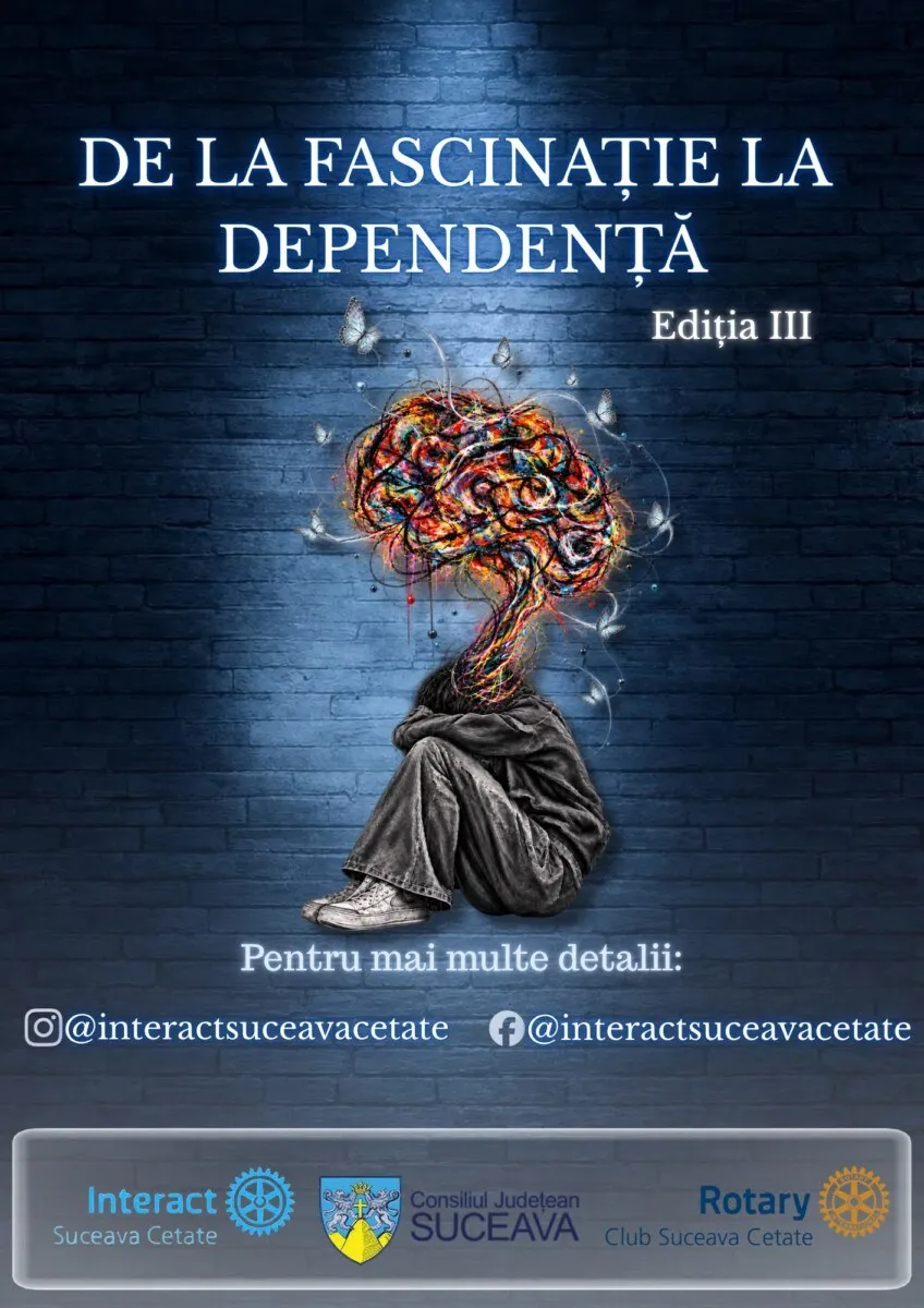 O siluetă a unei persoane șezând cu capul plecat pe genunchi, sub care se află un creier colorat și stilizat pe un fundal de zid de cărămidă albastru închis.