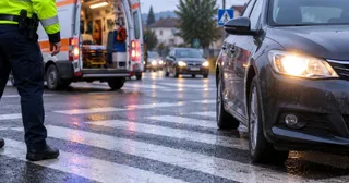 Un vehicul gri stă pe o trecere de pietoni marcată, lângă un vehicul de serviciu deschis și un agent cu vestă reflectorizantă.