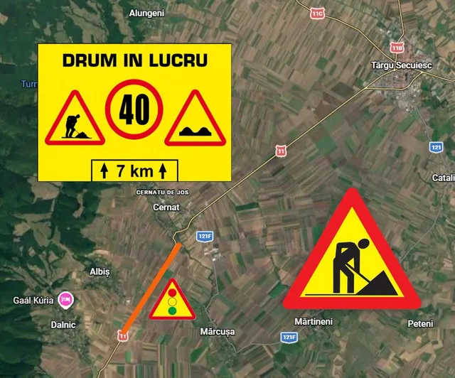 O hartă aeriană prezintă un panou galben cu semne de circulație și o hartă a unei zone rurale cu câmpuri și drumuri.