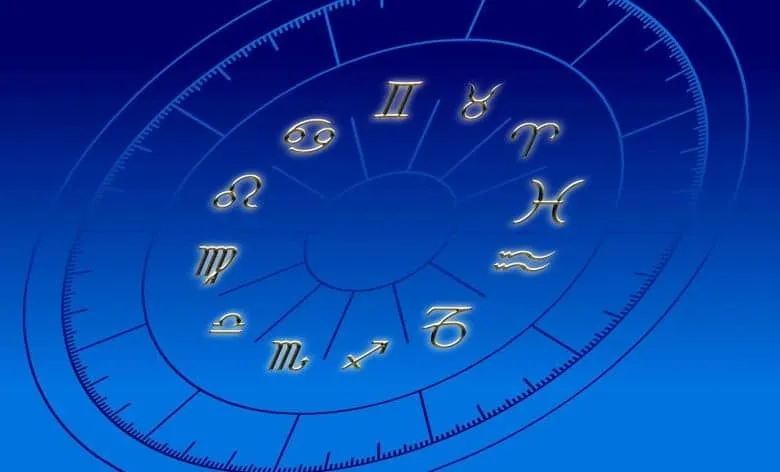Pe un fundal albastru, un cerc împărțit în segmente conține simboluri aurii ale zodiilor, iar o imagine circulară mai mică este suprapusă în centru.
