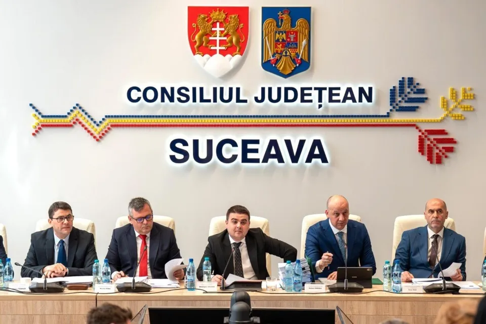 Cinci bărbați în costume purtând cravate stau așezați la o masă lungă în fața unui perete cu un logou și textul Consiliul Județean Suceava.