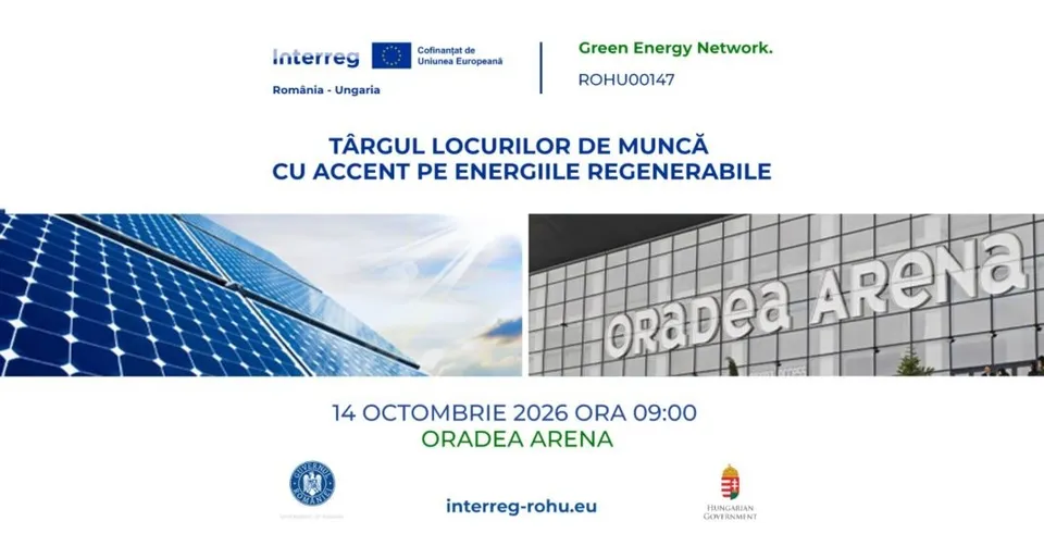 Un afiș prezintă panouri solare sub un cer luminos și fațada unei clădiri cu inscripția Oradea Arena.