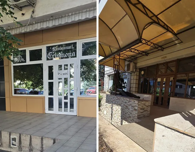 Două fotografii prezintă fațada unui spațiu comercial cu ferestre mari, o ușă albă și un acoperiș de tip copertă deasupra unei zone de intrare.
