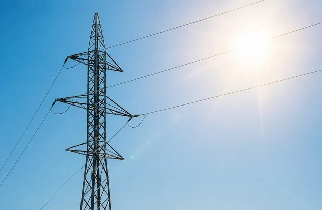 Un stâlp de înaltă tensiune metalic cu cabluri electrice sub un cer albastru luminos cu soare puternic.