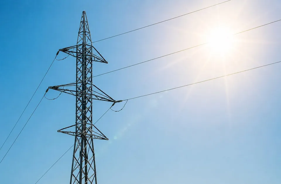 Un stâlp de înaltă tensiune metalic cu cabluri electrice sub un cer albastru luminos cu soare puternic.