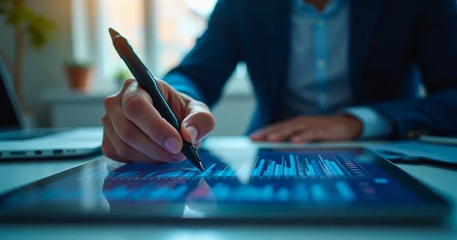 O persoană ține un stylus și scrie pe un ecran digital de tabletă care afișează grafice și date colorate.