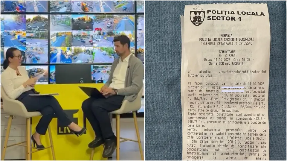 O femeie și un bărbat stau pe scaune într-un studio, iar în partea dreaptă apare un document tip comunicare de la Poliția Locală Sector 1.