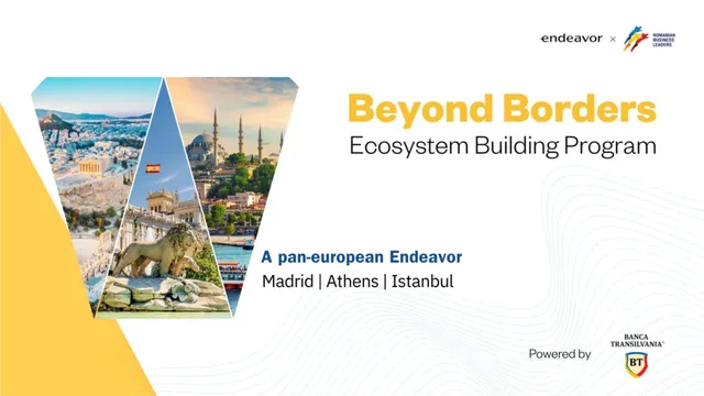 Un afiș alb cu textul Beyond Borders Ecosystem Building Program și imagini cu orașe incluzând o statuie de leu și o moschee.