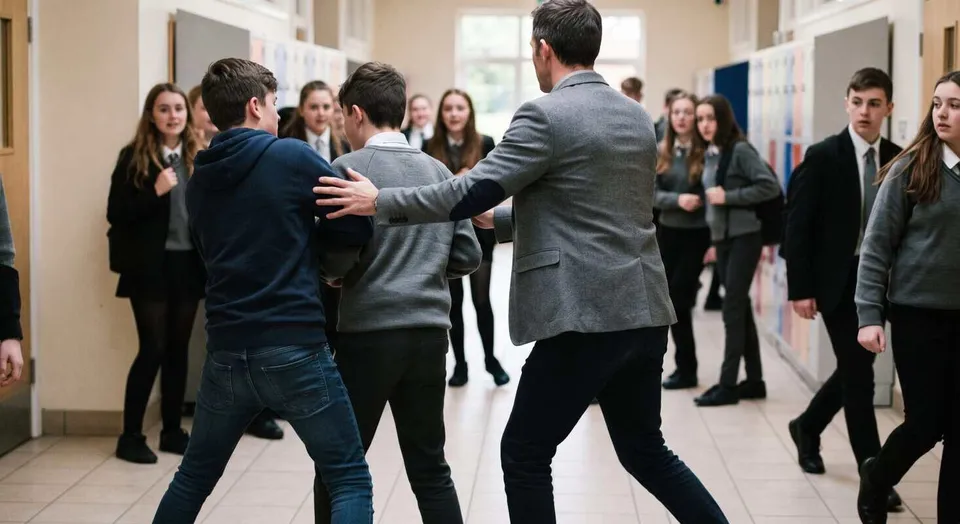 Un bărbat într-un sacou gri întinde mâna spre doi adolescenți într-un hol de școală, în timp ce alți elevi stau în jur.