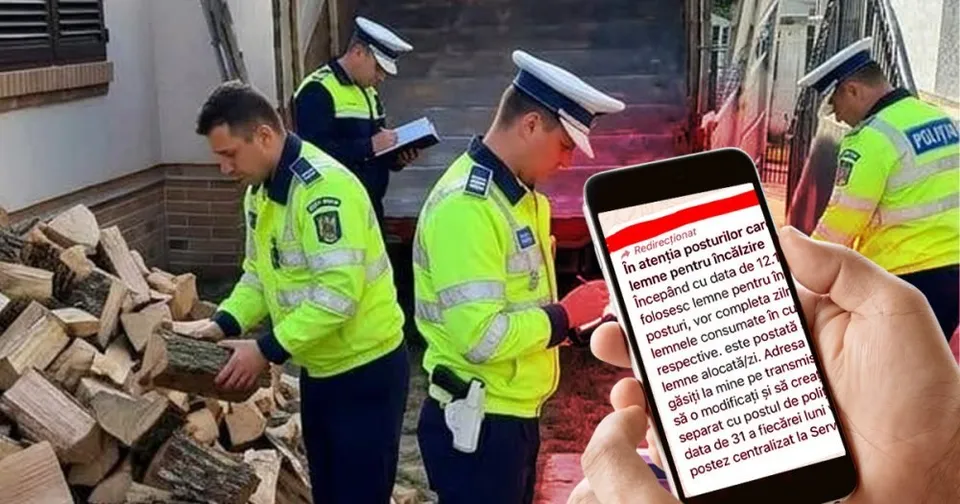 Patru polițiști în uniformă galbenă și albastră stau lângă un morman de lemne, în timp ce o persoană ține un telefon cu un text afișat.