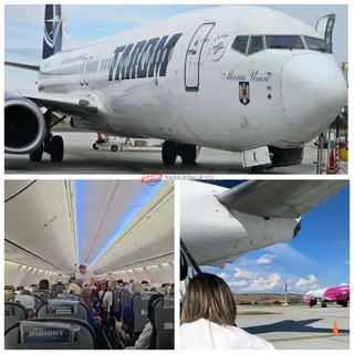 Un colaj format din trei imagini prezentând un avion alb, interiorul cabinei cu pasageri și o vedere de la exterior spre un avion pe pistă.