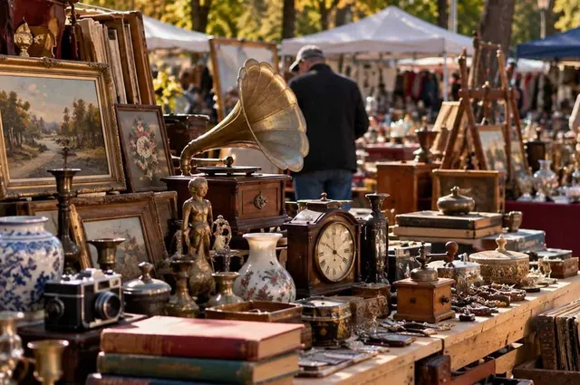 Diverse obiecte vechi, inclusiv un gramofon, ceasuri, vaze și tablouri, sunt expuse pe mese în aer liber sub lumina soarelui.