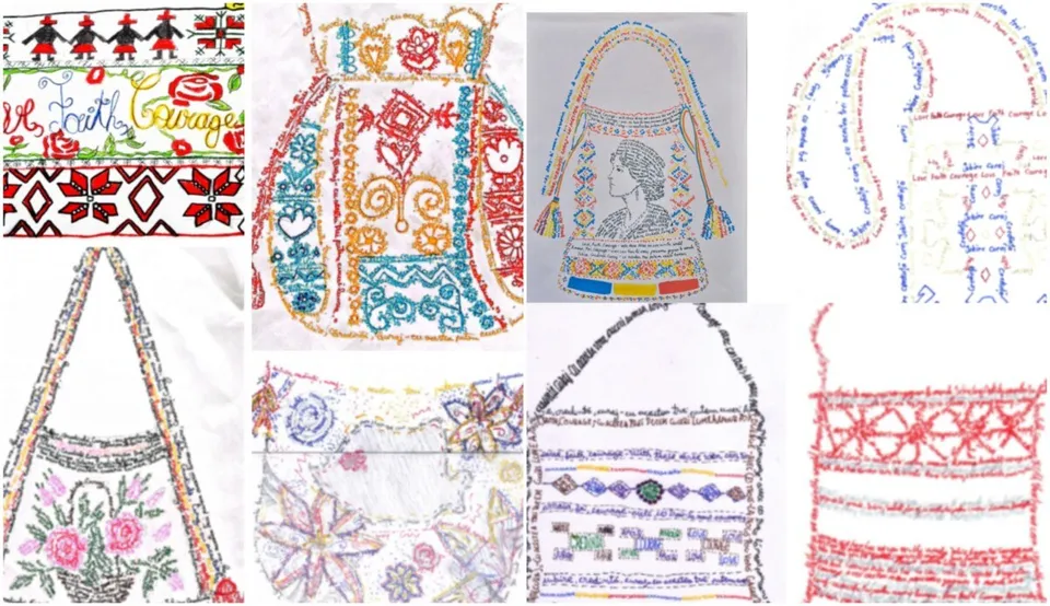 Un colaj format din mai multe ilustrații de genul poșetelor decorate cu modele colorate, broderii și inscripții de tip caligramă pe fundal alb.