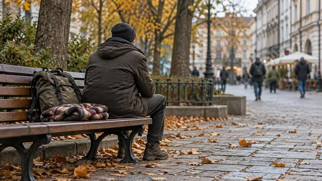 Un bărbat cu o jachetă maro și căciulă neagră stă pe o bancă de lemn într-o zonă pietonală cu copaci și clădiri în fundal.