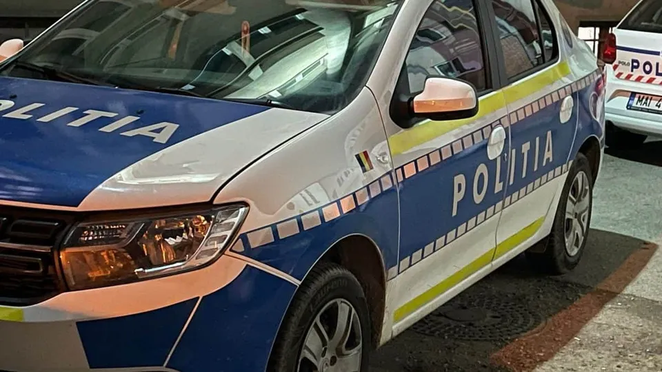 Un autovehicul de poliție albastru și alb cu inscripția POLITIA este parcat pe un drum asfaltat.
