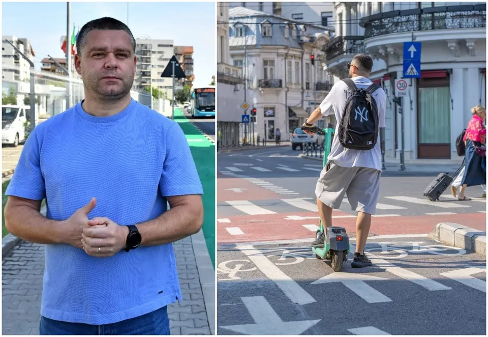 Un bărbat cu un rucsac negru stă pe o trotinetă electrică verde pe o stradă urbană lângă o marcaj rutier albă.