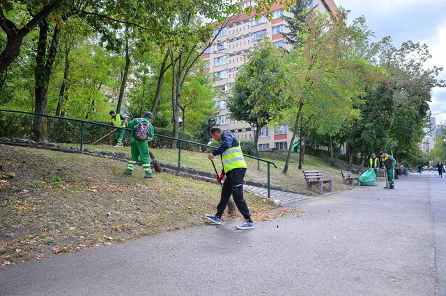 Câțiva lucrători în haine fluorescente curăță un parc cu unelte de grădinărit lângă un drum asfaltat și un banc de lemn.
