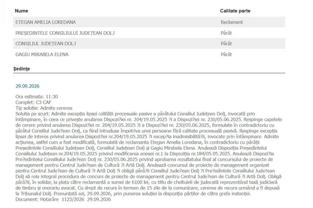 Un document oficial tipărit prezintă liste de nume, calități de părți și detalii juridice pe un fundal alb.