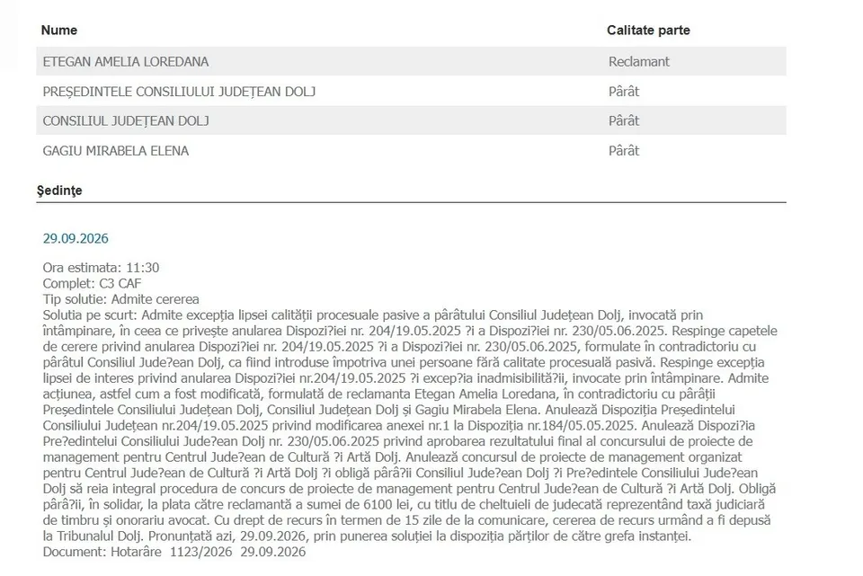 Un document oficial tipărit prezintă liste de nume, calități de părți și detalii juridice pe un fundal alb.